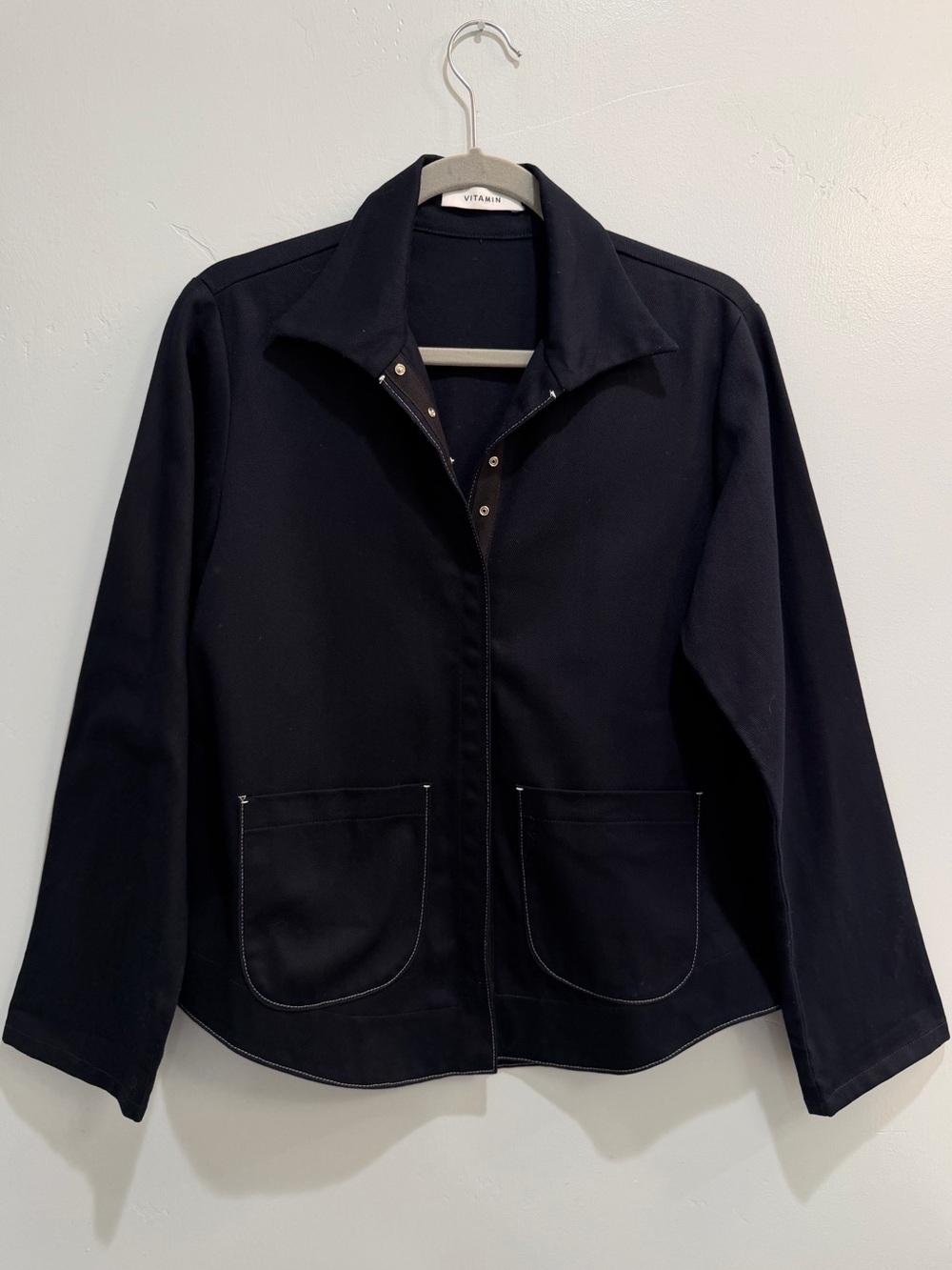 Vintage 90s Minimalist Navy Workwear Jacket USA Made Cotton Chore Coat Snap Up S - Picture 2 of 13